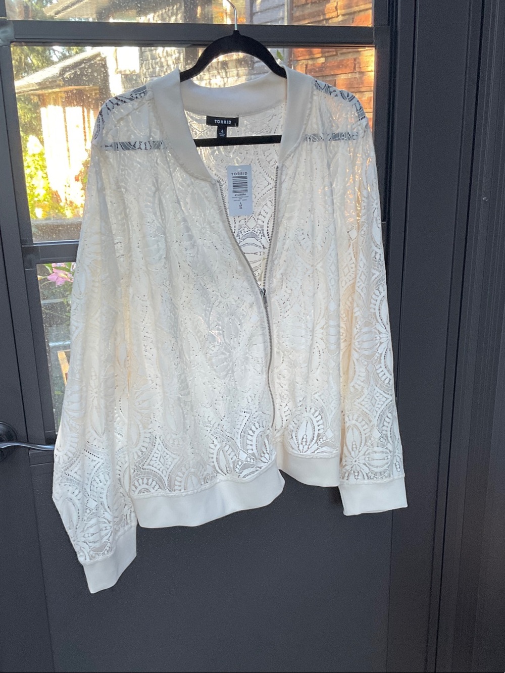 torrid Cream Lace Bomber Jacket - Sheer Floral Zip Front